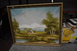 Artist Unknown (20th Century), acrylic, A brightly coloured landscape with hut to centre, framed,