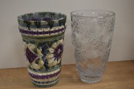 A 20th Century Continental drip glaze vase, relief moulded, and measuring 28cm tall, together with a