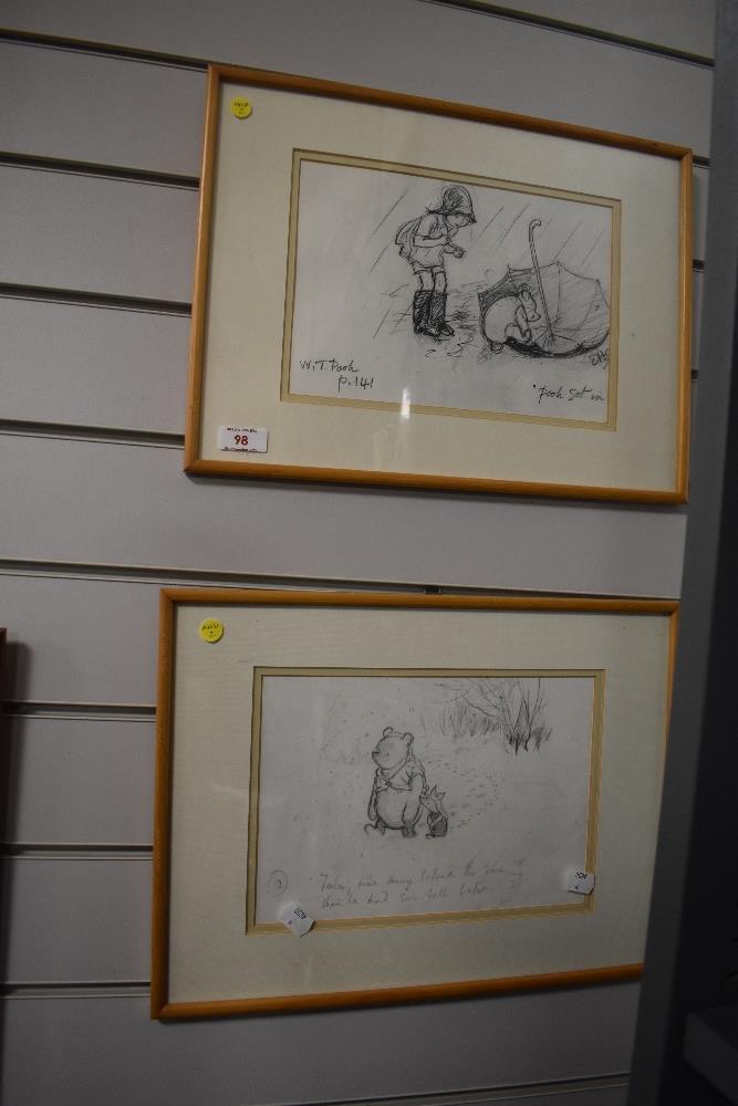 Two framed and mounted Winnie the Pooh prints of pencil sketches, 31cm x 44cm overall