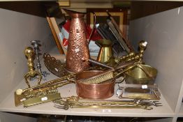 A mixed lot of brass and copper, including copper planter, brass letter box, companion set etc.