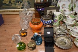 An assorted collection of decorative glass and ceramics, to include paperweights, by CIIC, a spatter