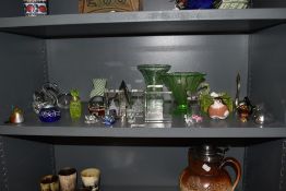 An assorted collection of art and coloured glass, to include a Uranium crackled glass vase, etched