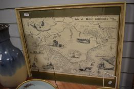 A framed print of a map illustrating the Isle of Wight shipwrecks from 1304