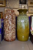 Two mid century West German floor vases, one having mottled brown glaze, the other green mottled