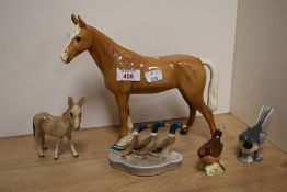 An unusual Goebel porcelain Palomino Horse study 2357, Two Beswick Pottery birds Grey Wag Tail 1041,