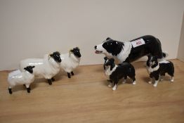 Two Beswick Pottery black-faced ewes 1765 a black-faced lamb 1828 and two Sheepdogs 1854, sold