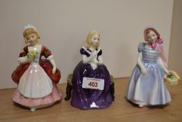 Three small Royal Doulton bone china figurines, comprising 'Valerie' HN2107, 'Affection' HN2236, and