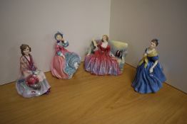 A group of four Royal Doulton bone china figurines, comprising 'Sweet & Twenty' HN1298 (hairline
