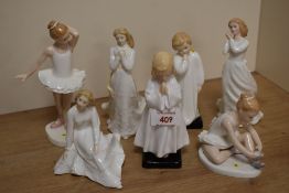 A group of Seven Royal Doulton bone china figurines, comprising Across the Miles HN3934, Sweet