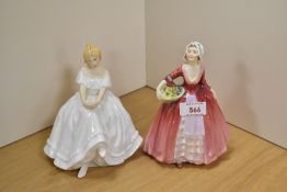 A group of five Royal Doulton bone china figurines, comprising Janet HN1537, Autumn Breezes