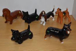 A group of five Beswick Pottery mid-sized dog studies, comprising two 'Scotties' 2037, in black