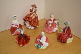 A group of six Royal Doulton bone china figurines, comprising 'Lydia' HN1908, 'Peggy' HN2038, 'Top