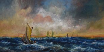 W.Baddeley (20th Century), oil on canvas, 'Sailing Ship Rough Weather', signed and dated '54 to