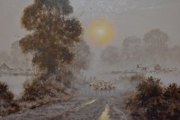 R.Taffard (20th Century), oil on canvas, A misty winter landscape depicting sheep walking along a