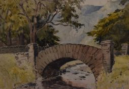 Allwood (20th Century, British), watercolour, A view of a stone arched bridge surrounded by trees,