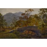 Ward Heys (19th Century, British), a watercolour, A woman contemplating on a stone arched bridge,