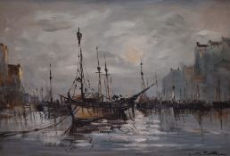 Don Smith (20th Century), oil on canvas, A maritime landscape depicting moored boats within a