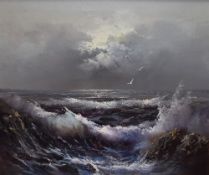 Artist Unknown (20th Century), oil on canvas, A choppy seascape with seagulls, displayed in an