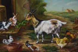 M.Long (20th Century), oil on board, A farmyard scene depicting a goat, chickens, and rabbits by a
