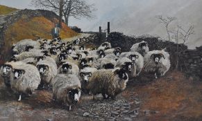 After Pat Cleary (20th Century, British), coloured print, 'Ted's Flock', signed in pencil to the