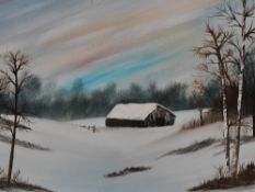 Artist Unknown (20th Century), acrylic on canvas, A winter landscape under a luminescent sky, signed