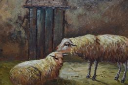 19th/20th Century, British, oil on board, Two sheep beside a farm building, displayed within an