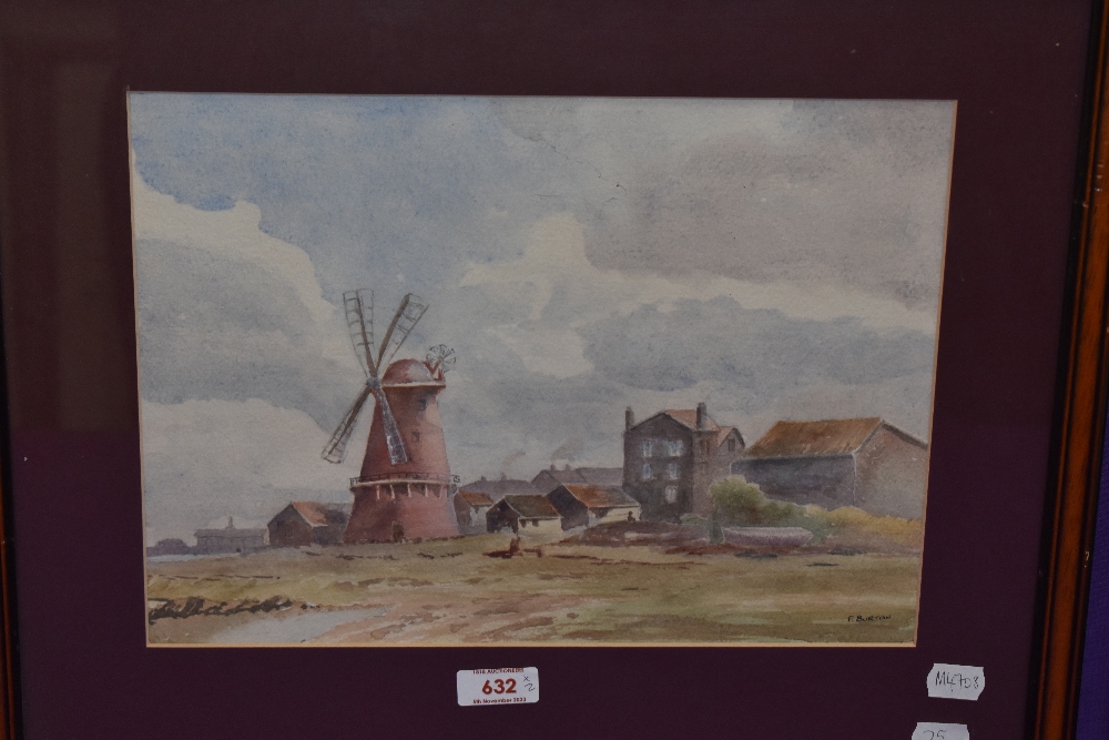 F.Burton (20th Century), watercolour, A windmill within a coastal landscape, signed to the lower - Image 3 of 7