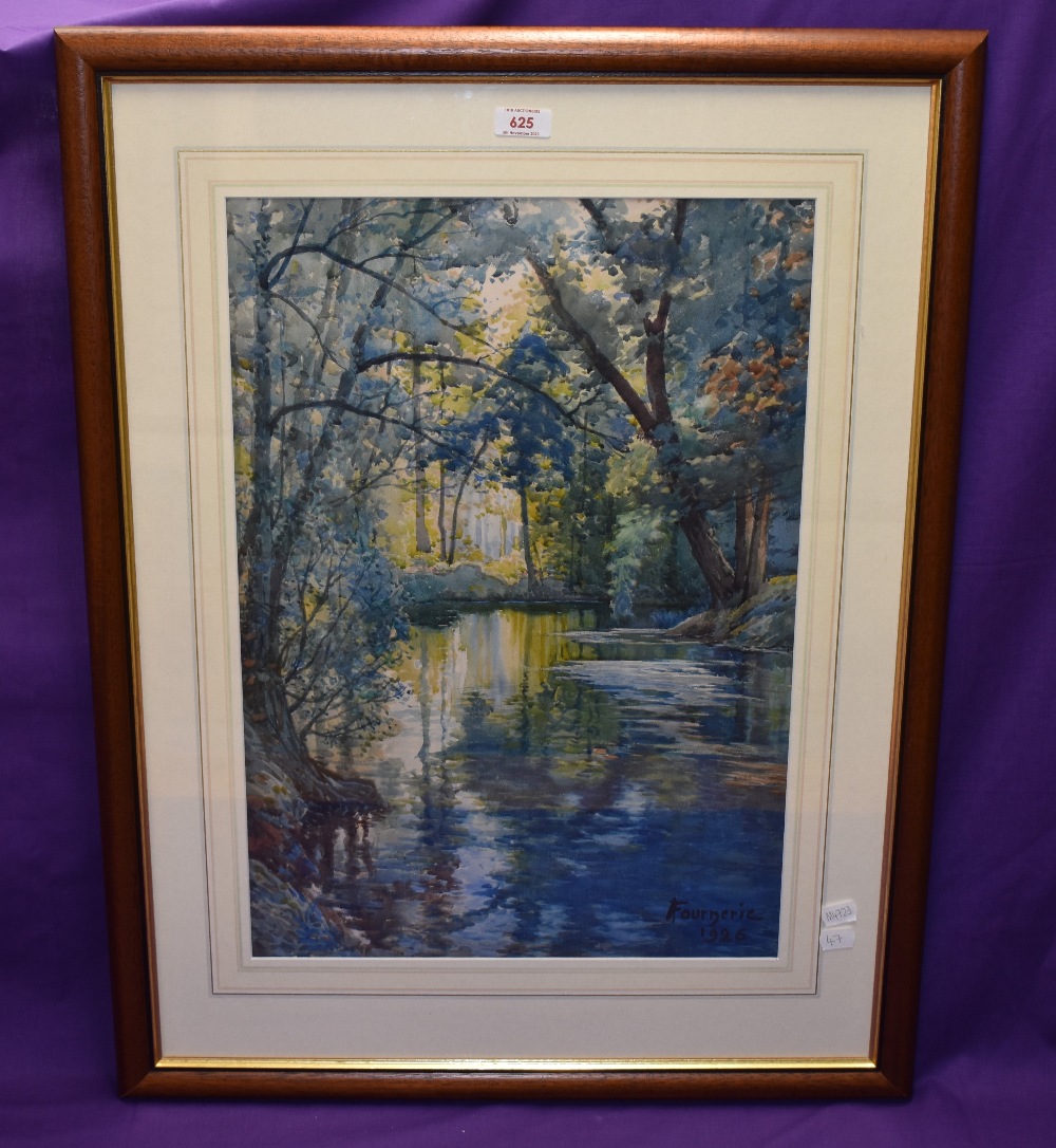 A. Fournerie (20th Century, French), watercolour, A sunlit woodland river, signed and dated 1926 - Image 2 of 4