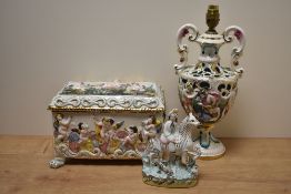 A Capodimonte lamp base and a lidded casket,af, lid has been siliconed shut, also included is a