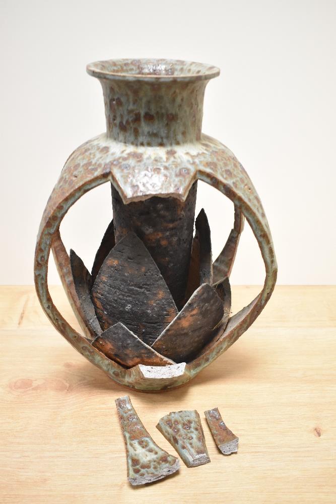 A large and unusual Ambleside pottery vase,of exposed lotus flower shaped form within cage like - Image 2 of 2