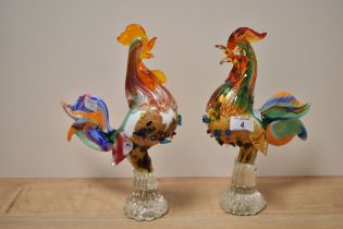 A pair of vintage Polychrome Murano glass cockerels.