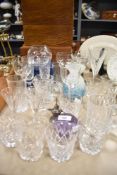 A mixed lot of glass, including mottled blue vase, lilac Caithness paper weight, cut glass tumblers,