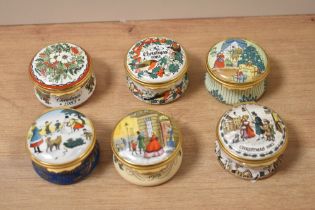 A group of six Halcyon days Bilston enamel trinket boxes.