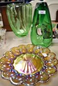 A mid century green art glass vase, having moulded lily of the valley decoration and another of