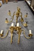 Two vintage gilt effect wall lights and a matching ceiling lamp of chandelier form with five arms.