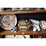 A variety of items, including cloisonne enamel napkin rings,eggs, Copenhagen plate and Japanese