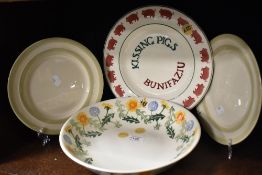 A large Emma Bridgwater sample bowl, having dandelion pattern and two Cornish sage green breakfast