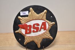 A reproduction BSA motorcyle plaque.