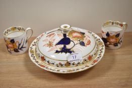 Two 19th century Derby porcelain coffee cans and a small tureen or lidded serving dish, all in the