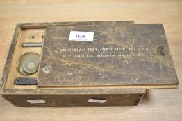 A vintage Universal Test Indicator, No.22A, by B.C Ames, Waltham USA, housed within a wooden box