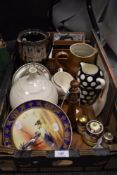 A miscellany of items, including hand painted Japanese cruet and cake stand, stoneware jug, letter