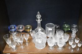 A selection of glass, including vintage coloured cut glass set, rummers, sherry glasses and