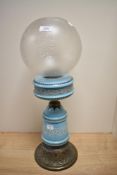 A Victorian Gas lamp, having Spherical cut glass frosted shade with stars, blue opaline body with