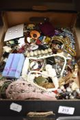 A mixed box of costume jewellery, including Hallmarked silver antique brooch.