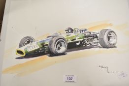 Three watercolours, signed Ian McGlowan, of racing car interest, a tin sign for Oxbow wind, waves,