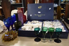 A selection of Bohemia crystal wine glasses and brandy glasses, also four vintage green wine glasses