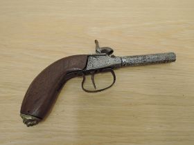 A small Pocket Percussion Pistol with octagonal turn off barrel, no markings, A/F, brass lion head