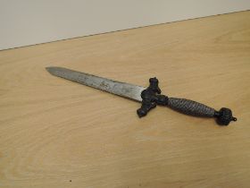 A Dagger, possibly Spanish, metal crossguard decorated with lion, crown pommel, broad blade, no