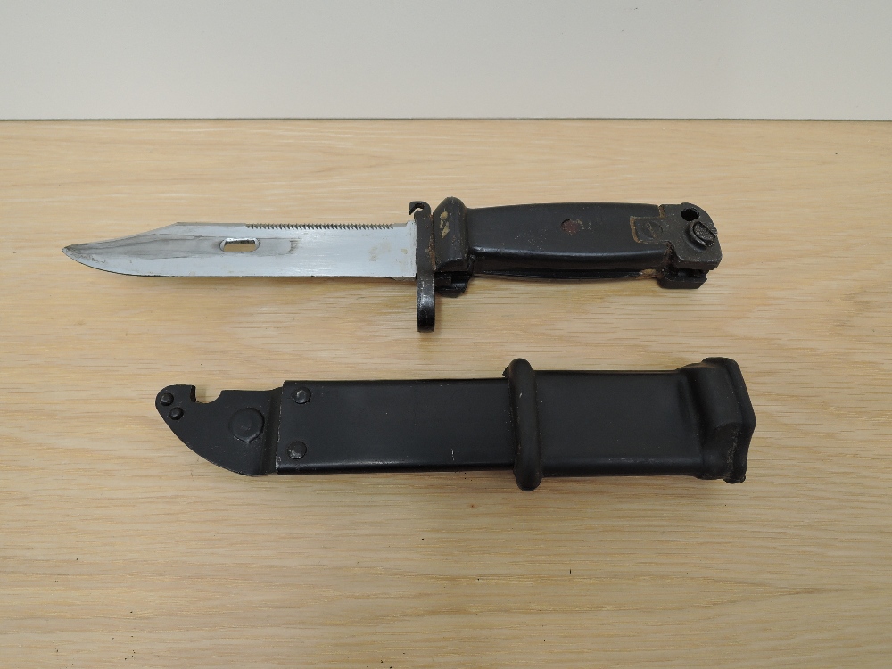 A USSR AKM Bayonet with scabbard, blade length 14cm, overall length 27cm