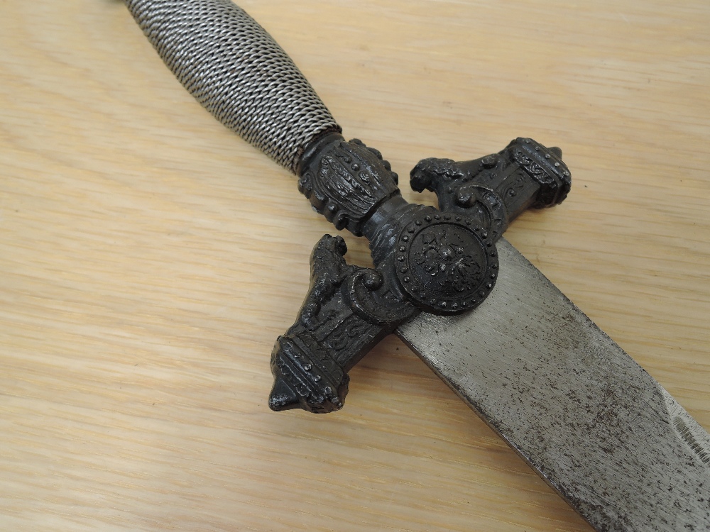 A Dagger, possibly Spanish, metal crossguard decorated with lion, crown pommel, broad blade, no - Image 2 of 3